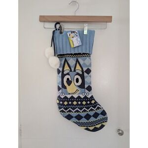 Bluey Knit Christmas Stocking Blue Fair Isle Pom Poms Holiday Decor NEW